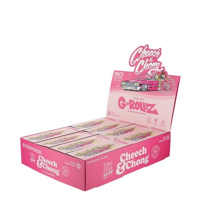 Embalagem rosa de papel de enrolar G-Rollz Cheech & Chong com design de carro e caixa com várias unidades