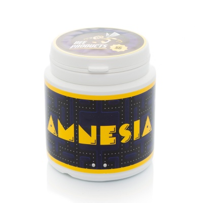 frasco branco com etiqueta preta e amarela AMNESIA