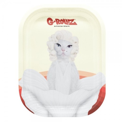 Tabuleiro metálico com gato retratado de forma estilizada como Marilyn Monroe.