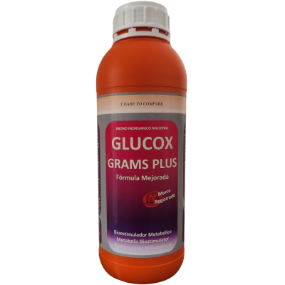 Frasco laranja com tampa branca e rótulo cinza púrpura com texto GLUCOX GRAMS PLUS.