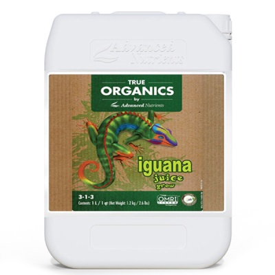 Recipiente branco de plástico com rótulo de iguana juice grow