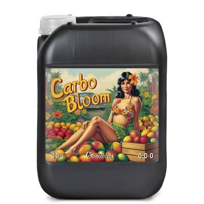 Recipiente preto de plástico com etiqueta colorida e texto Carbo Bloom
