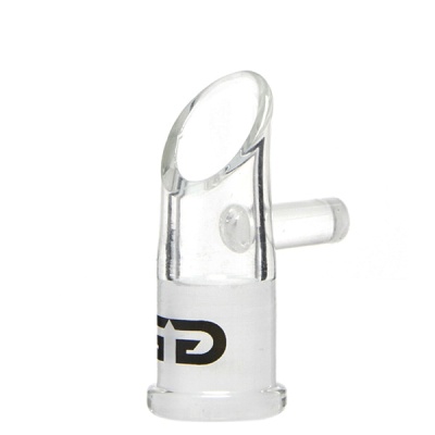 Peça tubular de vidro transparente com abertura oval e inscrição GD