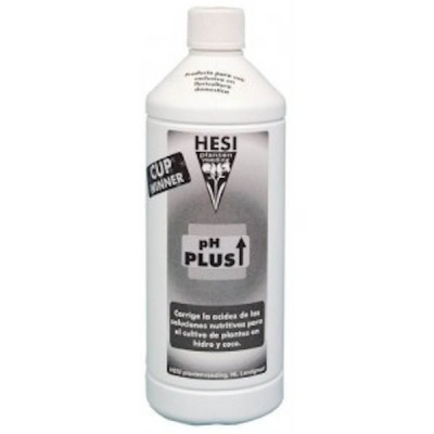 Frasco branco de produto HESI Plant Grow pH Plus com rótulo cinza e preto