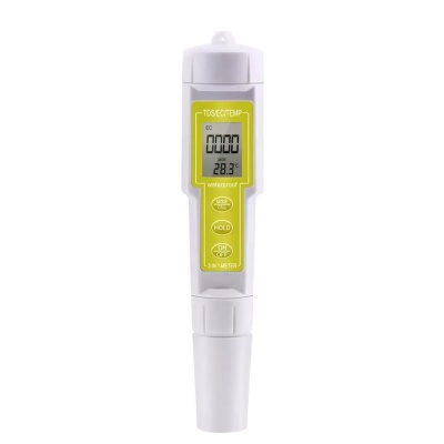 Medidor digital branco e amarelo com visor e botões