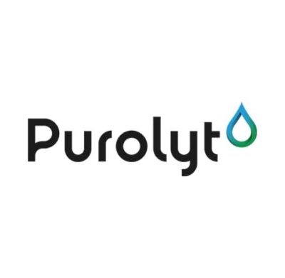 Logo com texto Purolyt e gota azul e verde