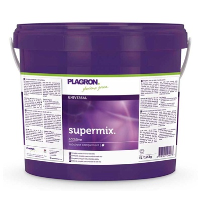 Balde roxo plástico com rótulo branco e roxo com texto PLAGRON supermix.