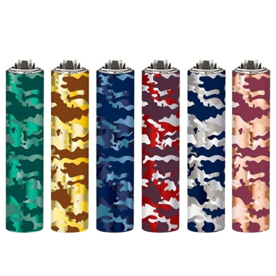 Seis isqueiros com padrão camuflado em várias cores alinhados.