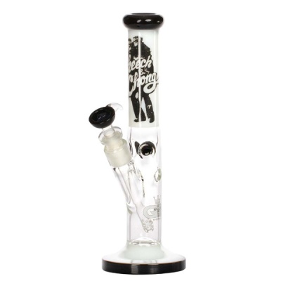 Bong de vidro transparente com detalhes pretos e inscrições CHEECH & CHONG e GT em fundo branco