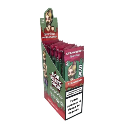 Embalagem Hemp Wrap Lion Rolling Circus com ilustração e texto de aviso em espanhol