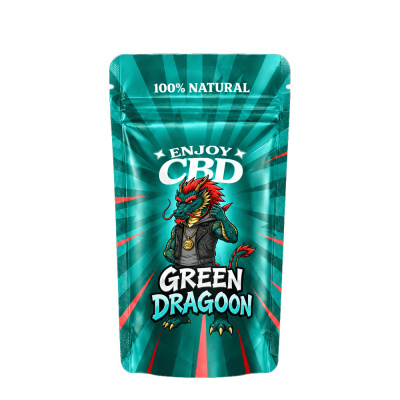Embalagem verde com dragão e texto promocional CBD
