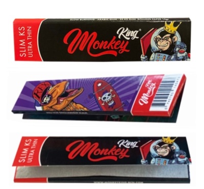 Pacote de papel para enrolar King Monkey com ilustração de macaco e cores preto, vermelho e roxo.