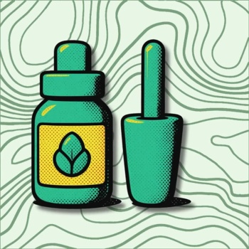 Ilustração de frasco de verniz com pincel em fundo com linhas verdes