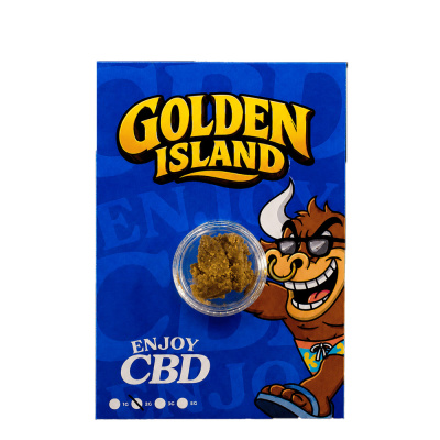 Embalagem azul GOLDEN ISLAND com touro e recipiente transparente com produto castanho