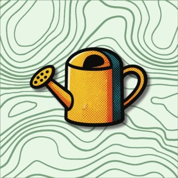 Animação de um regador amarelo em fundo claro com linhas verdes
