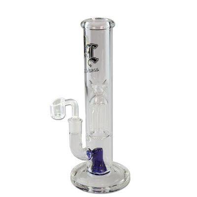 Bong de vidro transparente com base azul e texto Zorbass