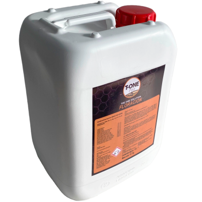 Garrafa plástica branca com tampa vermelha e rótulo preto e laranja T-ONE PRO FLORACION