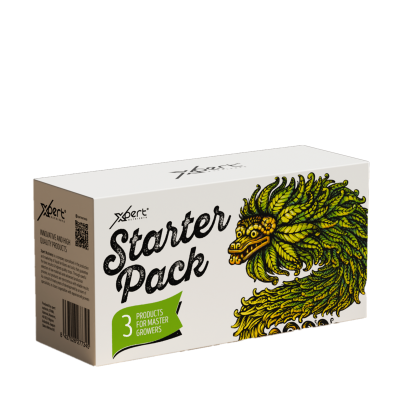 Caixa branca com desenho colorido de dragão e texto Starter Pack 3 PRODUCTS FOR MASTER GROWERS