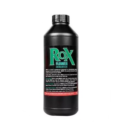 Garrafa preta de Rox Flower Enhancer com etiqueta verde e branca