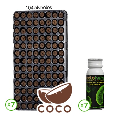 Bandeja preta com 104 alvéolos preenchidos com substrato castanho e uma garrafa branca com rótulo preto e verde