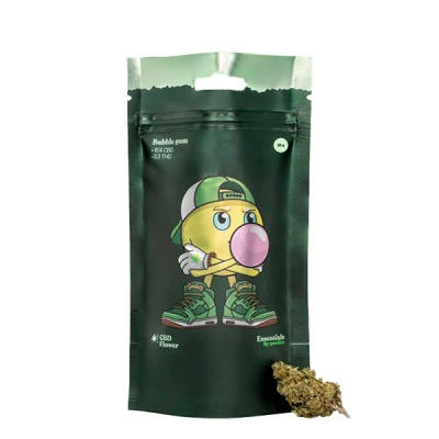 Embalagem preta com ilustração de cara a mascar pastilha elástica e flor de CBD