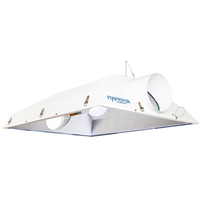 Refletor de luz branco para cultivo com entradas cilíndricas e texto RAPTOR INTERNATIONAL.