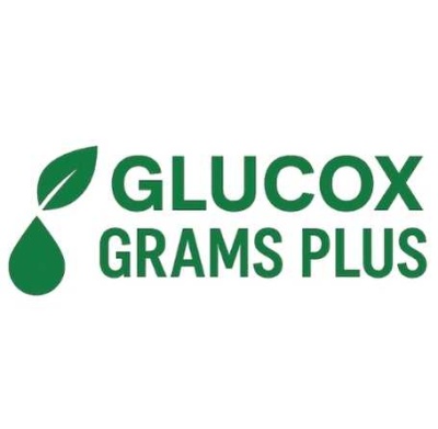 Logótipo com a folha verde, gota e texto GLUCOX GRAMS PLUS