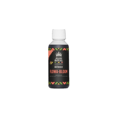 Frasco preto com tampa branca do produto Biobizz Juju Royal Flowa Bloom
