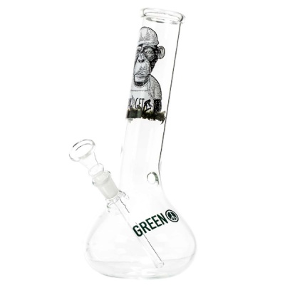 Bong de vidro transparente com ilustração de macaco e textos GREEN e DO CETS