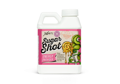 Frasco branco de plástico com rótulo rosa e bege com texto e ilustração colorida