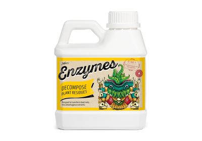 Frasco branco com etiqueta amarela escrito Enzymes DECOMPOSE PLANT RESIDUES