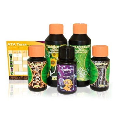 Conjunto de frascos de suplementos para plantas ATA com rótulos coloridos e tampas laranja.