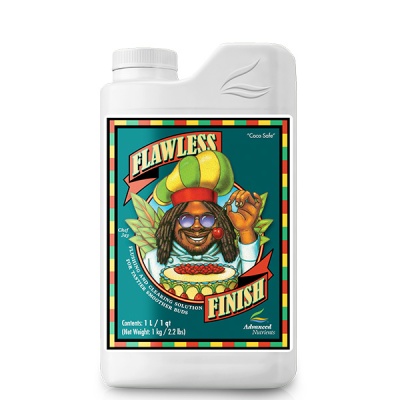 Frasco branco de plástico com rótulo colorido e personagem caricatural, texto FLawless Finish.