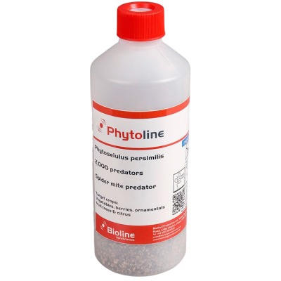 Frasco de plástico translúcido com tampa vermelha e rótulo branco Phytoline Bioline AgroSciences