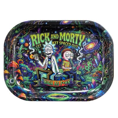 Tabuleiro metálico colorido com arte Rick and Morty e texto temático