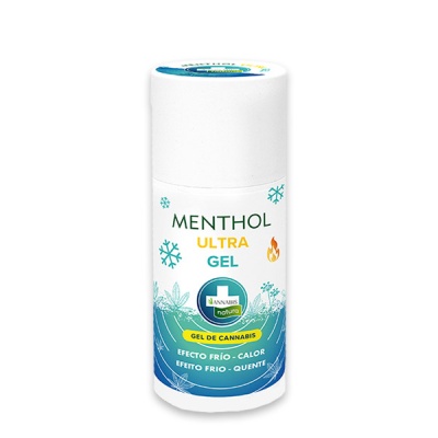Frasco branco de gel Menthol Ultra Gel com rótulo colorido contendo texto e ícones de flocos de neve e fogo.