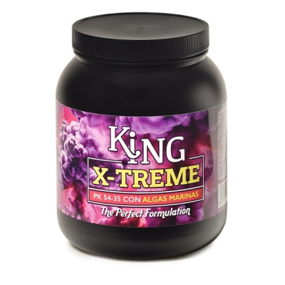 Frasco preto com rótulo colorido e texto KING X-TREME.