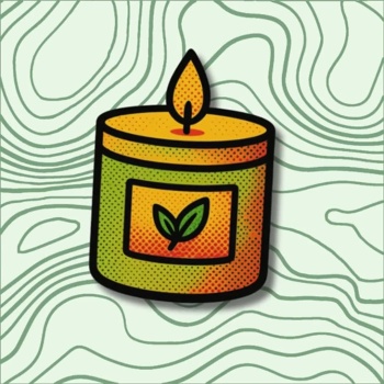 Vela aromática verde com chama, fundo com linhas onduladas verdes