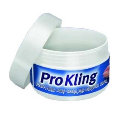 Frasco branco aberto com rótulo azul de creme removedor de batom ProKling.
