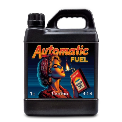 Frasco preto com rótulo colorido de combustível Automatic Fuel