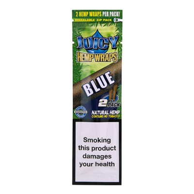 Embalagem de Juicy Hemp Wraps Blue com texto e aviso de saúde
