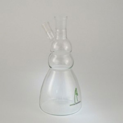Frasco de vidro transparente com conexões e logótipo verde
