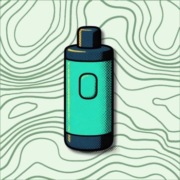 Ilustração animada de frasco de plástico azul sobre fundo com linhas onduladas verdes
