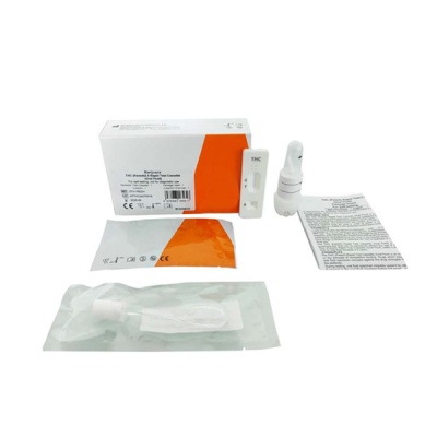 Kit de teste rápido THC com embalagem branca e laranja e acessórios