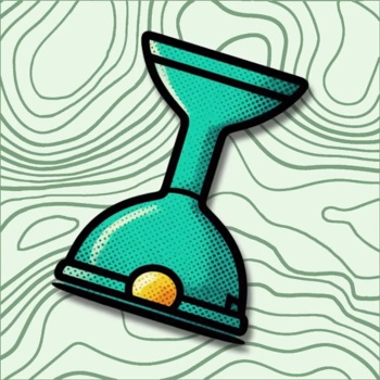 Ilustração animada de uma ampulheta azul e amarela a girar sobre um fundo com linhas verdes.