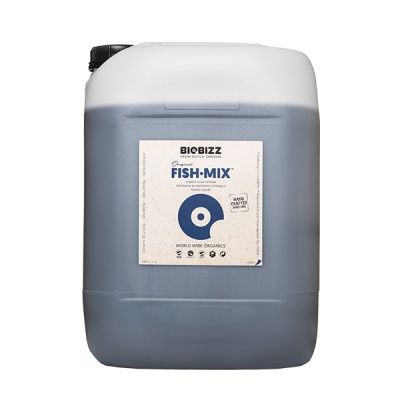 Recipiente plástico grande com líquido azul escuro e etiqueta branca BIOBIZZ FISH-MIX