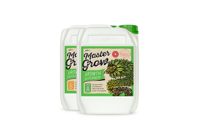 Dois recipientes brancos com tampas verdes e etiquetas coloridas Master Grow