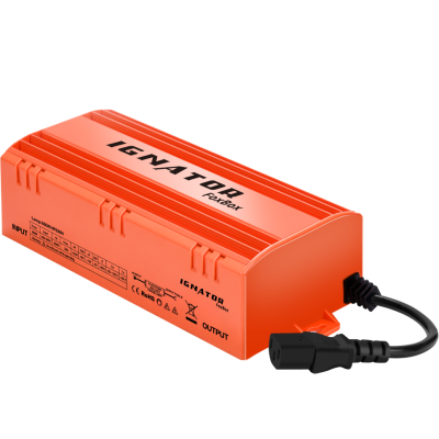 Transformador eletrónico laranja para lâmpadas com ficha eléctrica preta