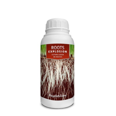 Frasco branco com estimulador de raízes Roots Explosion e rótulo com imagem de raízes