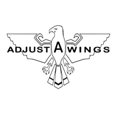 Logotipo preto e branco de uma águia com texto ADJUST A WINGS